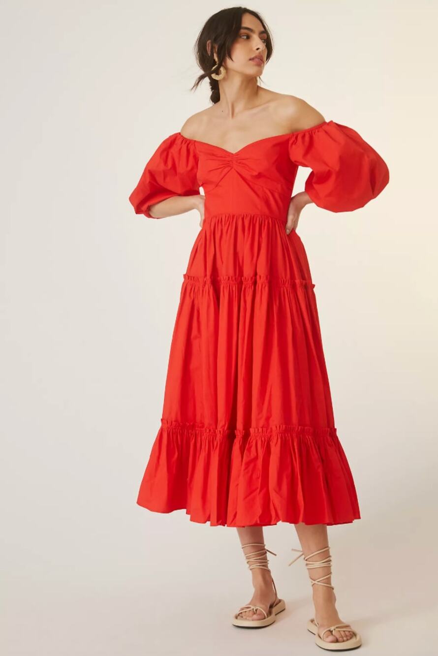 Anthropologie Atsu Off-The-Shoulder Cotton Poplin Red Midi Dress, Size 4